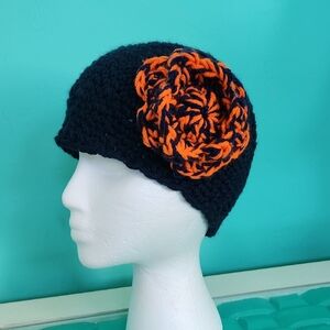 Elegant Navy and Orange Crochet Beanie